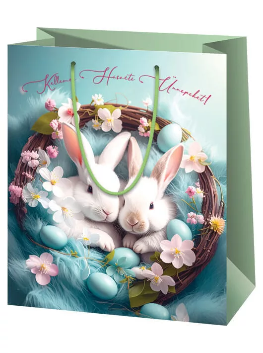 Húsvéti ajándéktáska 14x11x6cm, kicsi, kék, két nyuszi koszorúval