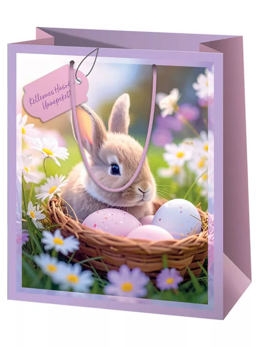 Húsvéti ajándéktáska 14x11x6cm, kicsi, lila, nyuszi tojásokkal egy kosárban