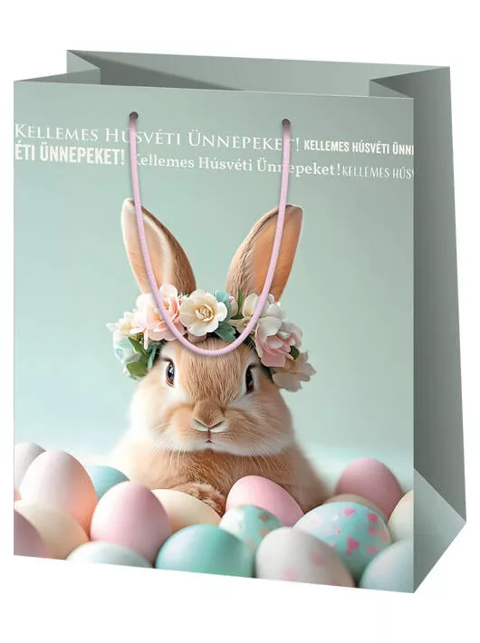 Húsvéti ajándéktáska 23x18x10cm, közepes, zöld, nyuszi tojásokkal