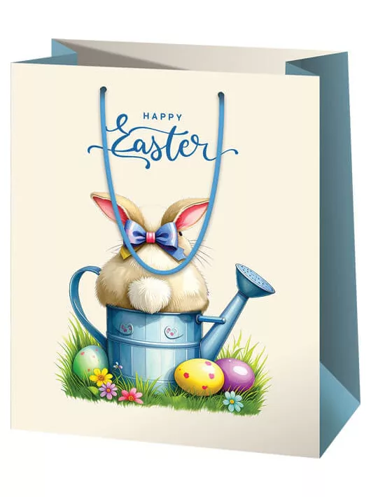 Húsvéti ajándéktáska 23x18x10cm, közepes, "Happy Easter", nyuszi locsolókannával