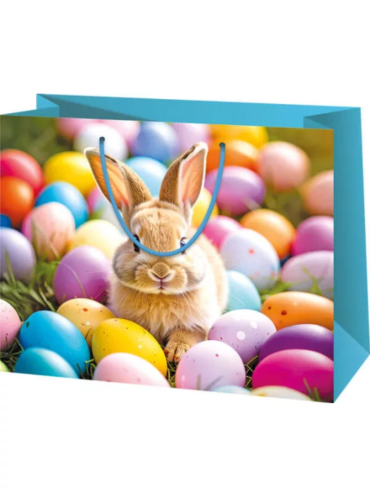 Húsvéti ajándéktáska 23x18x10cm, közepes, fekvő, nyuszi tojásokkal