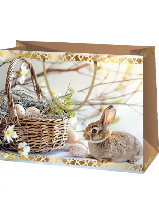 Húsvéti ajándéktáska 23x18x10cm, közepes, fekvő, barna, nyuszi kosárral