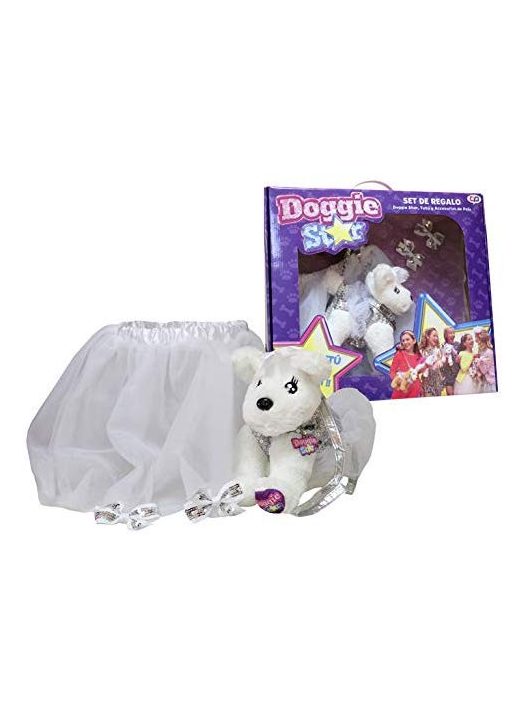 Doggie Star szett, Doggie plüss táska szoknyával és csatokkal, fehér