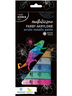 Akrilfesték készlet, 12 db-os, 12x12ml, metál, Kidea
