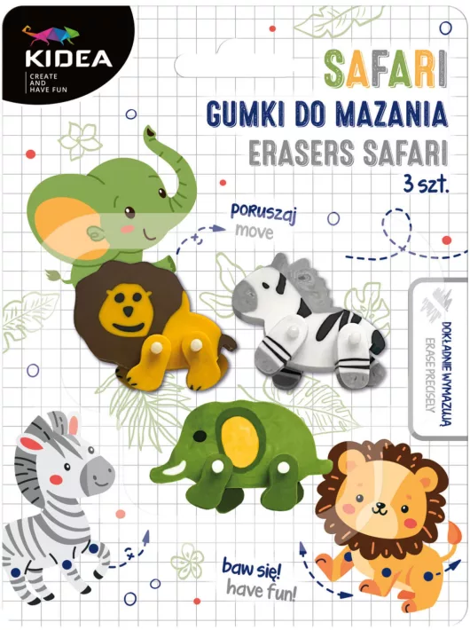 Szafari állatos radír mozgatható lábakkal, 3 db/szett, Kidea