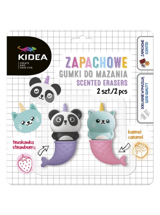 Illatos radír szett, 2 db / csomag, sellő panda és cica (karamell és eper illat), Kidea