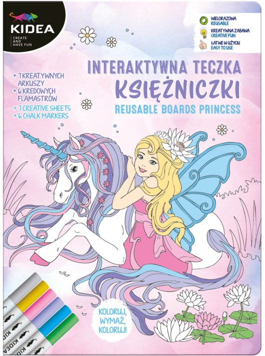 Újrahasználható oktató és színező lapok (4+3 lap) 6 db táblamarkerrel, hercegnős, Kidea