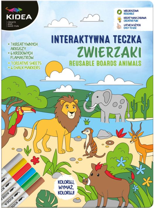 Újrahasználható oktató és színező lapok (4+3 lap) 6 db táblamarkerrel, állatos, Kidea