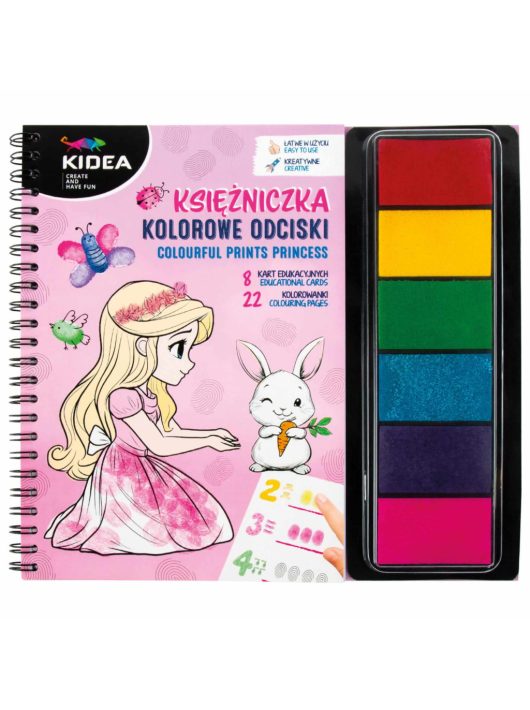 Színező füzet ujjfestéshez (22 színezhető lap, 8 oktató kártya, festékes szivacsok), hercegnős, Kidea