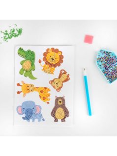   Gyémántfestés szett, 6 db matrica, 500 csillogó kövecske, Kidea, állatkerti állatok