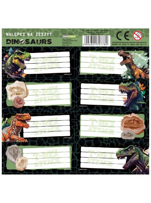 Dinoszaurusz füzetcímke 8 db/ív, dínók és kövek, többféle (NNZDN20)