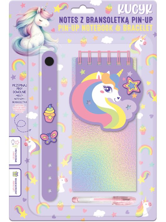 PIN-UP jegyzetfüzet kartkötővel, zseléstollal, 3 díszítő formával, 8,5x17,5 cm, unikornis, Kidea
