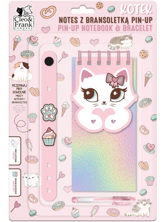 PIN-UP jegyzetfüzet kartkötővel, zseléstollal, 3 díszítő formával, 8,5x17,5 cm, cicás, Kidea