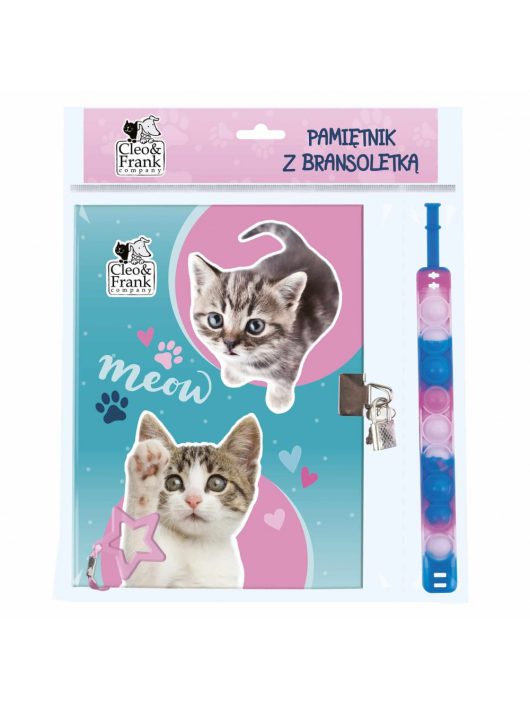 Cleo and Frank napló kulccsal, 16,5x22cm, Pop it karkötővel, cicás, CF37