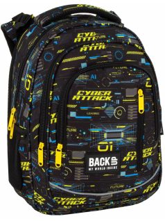   Fiús hátizsák, iskolatáska, 3 rekeszes, 39x27x20cm, BackUp, 2025, R50, fekete-sárga, Cyber Attack