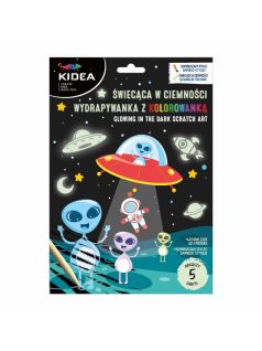   Képkarcoló és színezhető lapok matricákkal, foszforeszkálós, űrhajós, Kidea