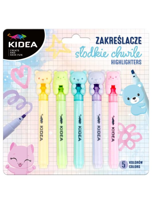Szövegkiemelő, 5 db/csomag, pasztell, macis kupakkal, Kidea