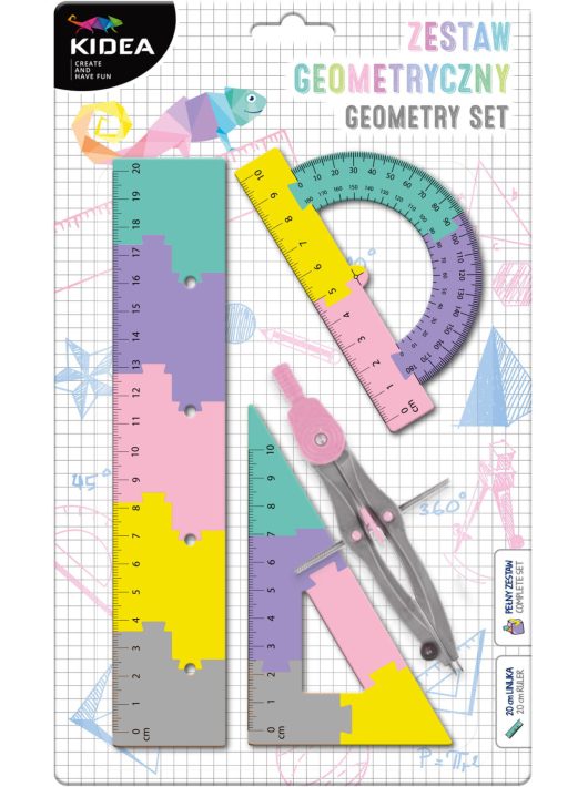 Geometria készlet, körző és vonalzó szett, 4 db-os, lányos színű, Kidea