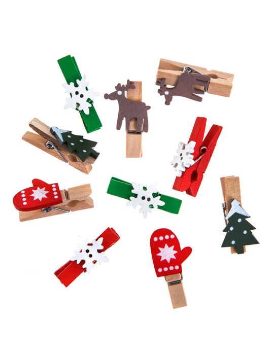 Fa csipeszek, karácsonyi formákkal, 10 db/csomag