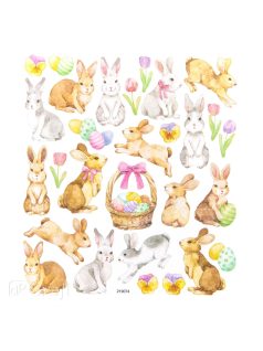   Matrica, húsvéti, nyuszik és tojások, csillogó díszítéssel, 15x17cm