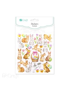   Matrica, húsvéti, nyuszik és tojások, csillogó díszítéssel, 15x17cm