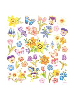 Matrica, tavaszi virágok, csillogó díszítéssel, 15x17cm