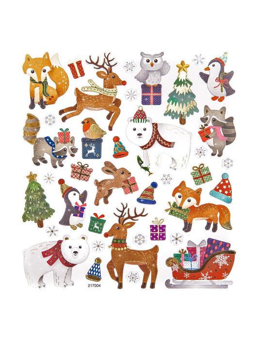 Karácsonyi matrica, téli állatok ajándékokkal, 15x17cm