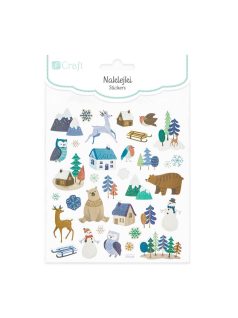 Karácsonyi matrica, téli táj állatokkal, 15x17cm