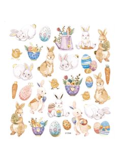   Matrica, húsvéti, nyuszik, csibék és tojások, csillogó díszítéssel, 15x17cm