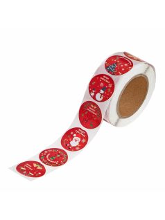   Karácsonyi matricák tekercsen, 2,5 cm széles, karácsonyi üdvözlet, piros matricák figurákkal, 500 db-os