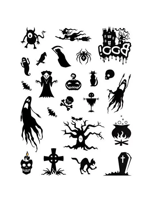 Halloween tetoválás matrica, 23 db-os, fekete-fehér