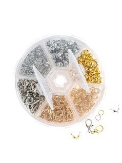   Szerelék ékszerkészítéshez, gyöngyfűzéshez, 500 db-os (szerelőkarika, delfinkapocs, csomórejtő), arany és ezüst