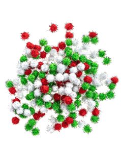   Pom-pom, vegyes színek, 15mm, 200 db/csomag, csillogó karácsonyi színek (fehér, piros, zöld)