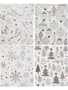   Karácsonyi ajándéktáska 32x26x10cm, nagy, fehér, fekete mintával, 4 féle