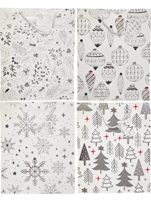 Karácsonyi ajándéktáska 32x26x10cm, nagy, fehér, fekete mintával, 4 féle