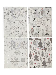   Karácsonyi ajándéktáska 23x18x10cm, közepes, fehér, fekete mintával, 4 féle