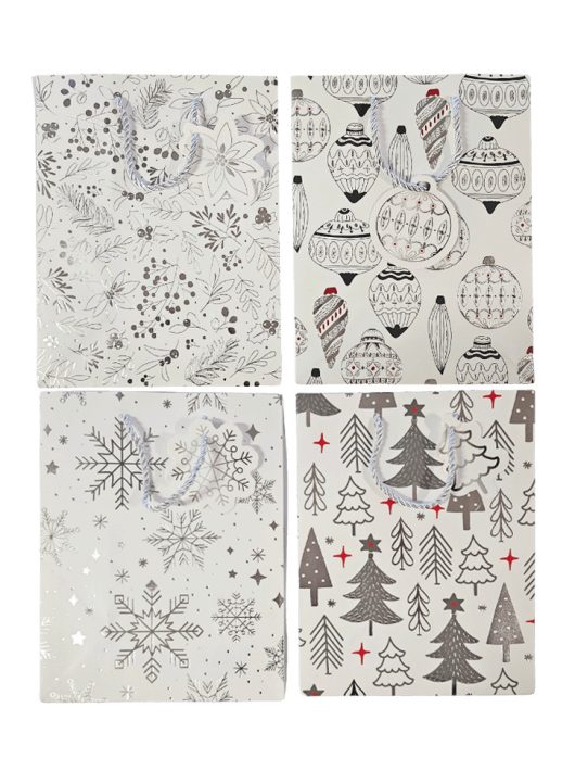 Karácsonyi ajándéktáska 23x18x10cm, közepes, fehér, fekete mintával, 4 féle