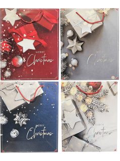   Karácsonyi ajándéktáska 32x26x10cm, nagy, ajándékdobozos mintával, 4 féle