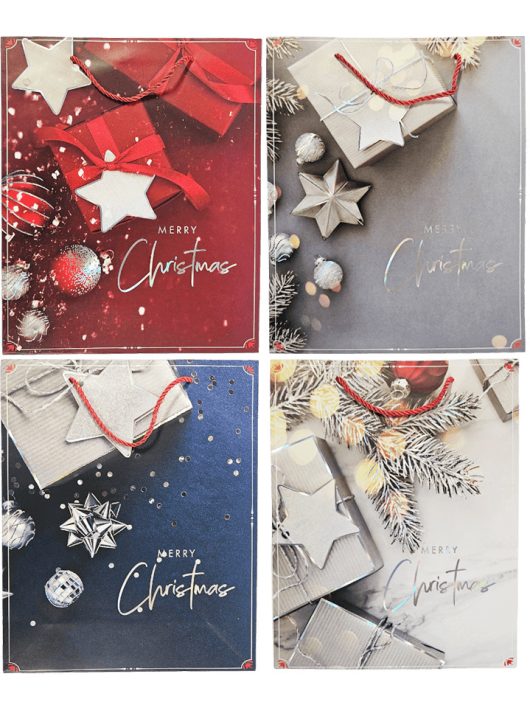 Karácsonyi ajándéktáska 32x26x10cm, nagy, ajándékdobozos mintával, 4 féle