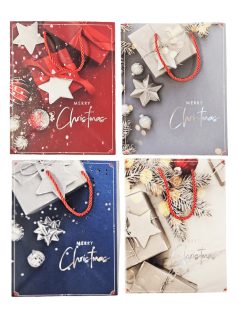   Karácsonyi ajándéktáska 23x18x10cm, közepes, ajándékdobozos mintával, 4 féle