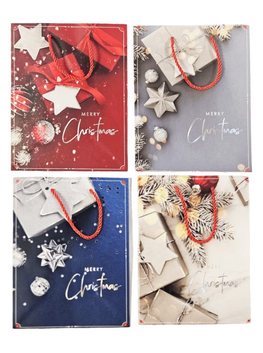 Karácsonyi ajándéktáska 23x18x10cm, közepes, ajándékdobozos mintával, 4 féle