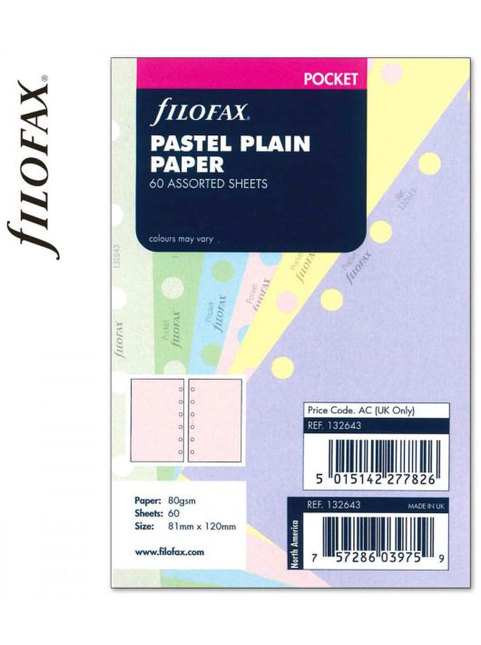 Filofax Pocket jegyzetlapok, 81x120mm, sima, 60 lapos, pasztel