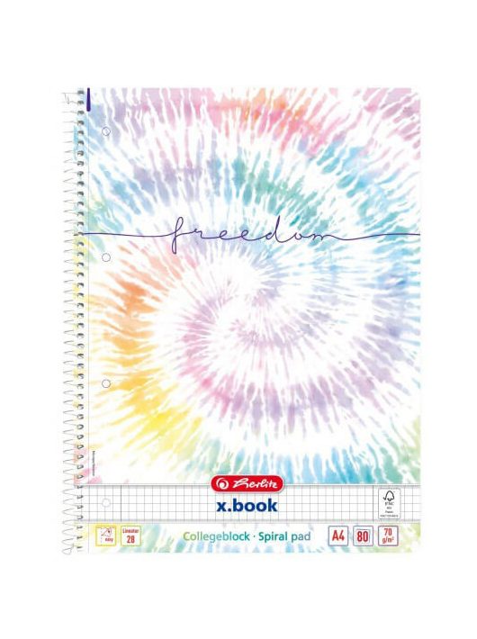 Herlitz spirál füzet A/4, kockás, 80 lapos, Batik Freedom, szivárványos
