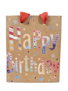  Születésnapi ajándéktáska 14x11x5cm, kicsi, Happy Birthday felirattal, barna