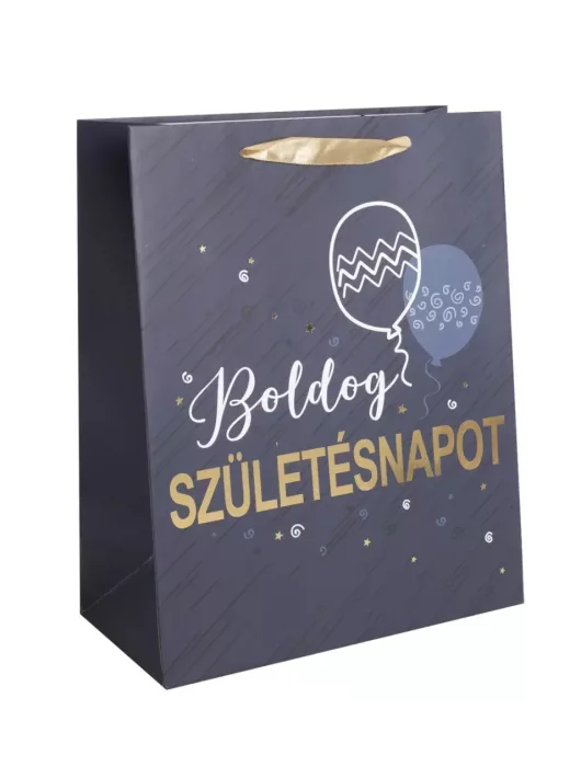 Születésnapi ajándéktáska 23x18x10cm, közepes, Boldog Születésnapot felirattal, sötétkék