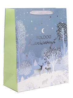   Karácsonyi ajándéktáska 32x26x12cm, nagy, kék-fehér, Boldog Karácsonyt!
