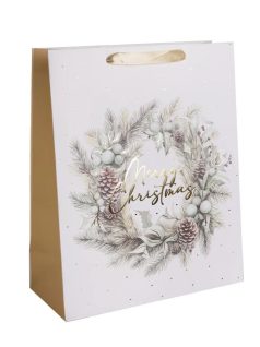   Karácsonyi ajándéktáska 14x11x5cm, kicsi, fehér, koszorúval, Merry Christmas