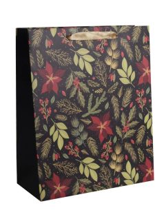   Karácsonyi ajándéktáska 32x26x12cm, nagy, fekete, zöld ágakkal és mikulásvirággal
