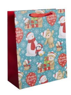   Karácsonyi ajándéktáska 23x18x10cm, közepes, piros sapkás állatok ajándékokkal
