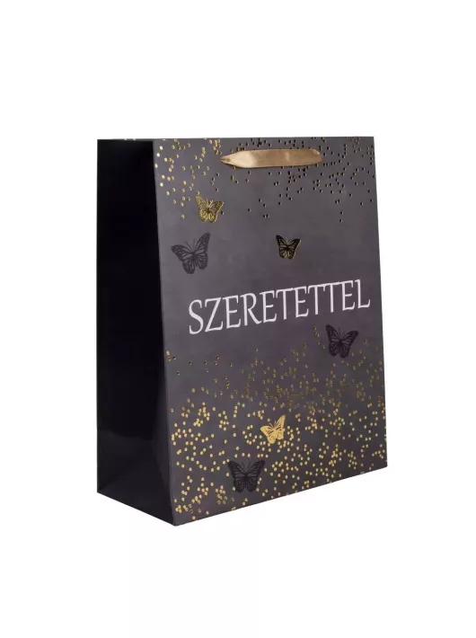 Ajándéktáska 23x18x10cm, közepes, Szeretettel felirattal, fekete, lepkés